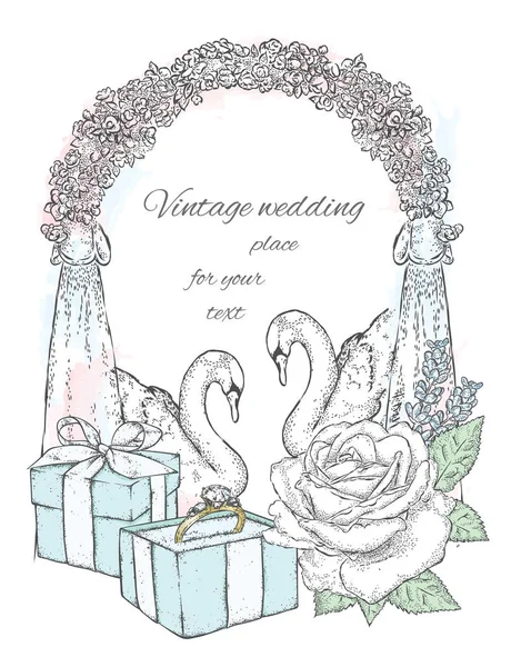 A box with a ring, swans, a wedding arch and flowers. A gentle wedding card. Ready design. Vintage and retro. Love and wedding. Wedding rings.