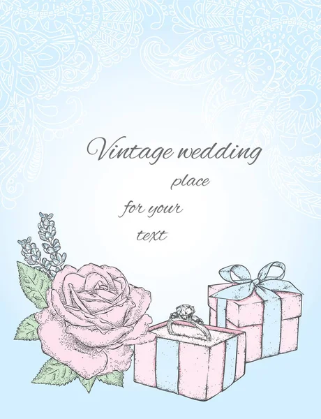 リングとパターンの背景に花とボックスです 穏やかな結婚式のカード 準備ができて設計 ヴィンテージやレトロ 愛と結婚 結婚指輪 — ストックベクタ