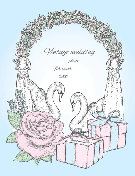 Una Caja Con Anillo Cisnes Arco Boda Flores Una Tarjeta — Vector de stock