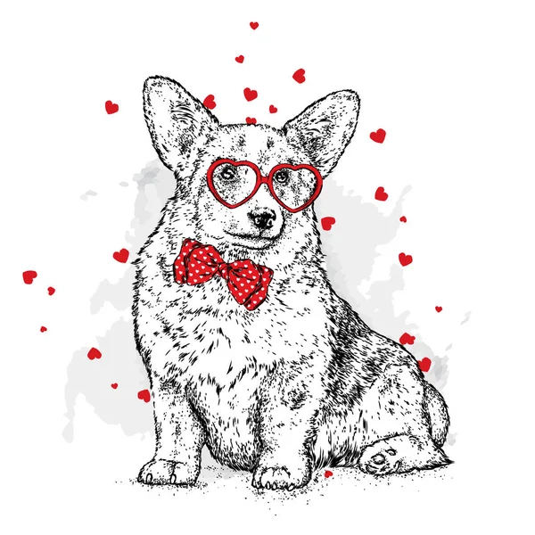 Cane Carino Con Cuori Occhiali Cravatta Illustrazione Vettoriale Una Cartolina — Vettoriale Stock