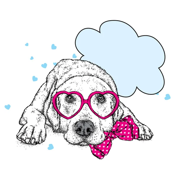 Cute Dog Hearts Glasses Tie Vector Illustration Postcard Poster Print — Stock Vector
