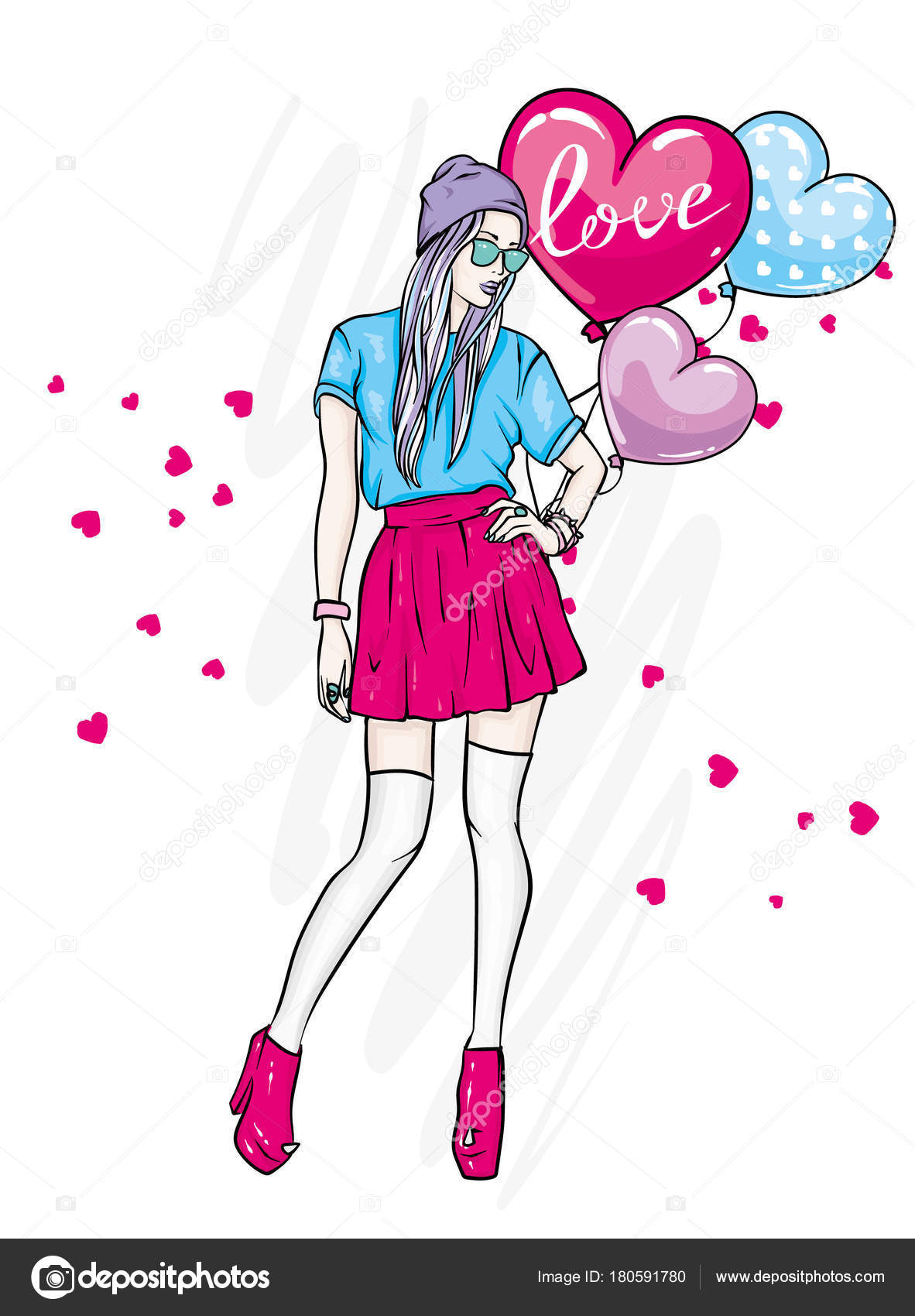 Young Girl Long Hair Beautiful Short Dress Vector Illustration