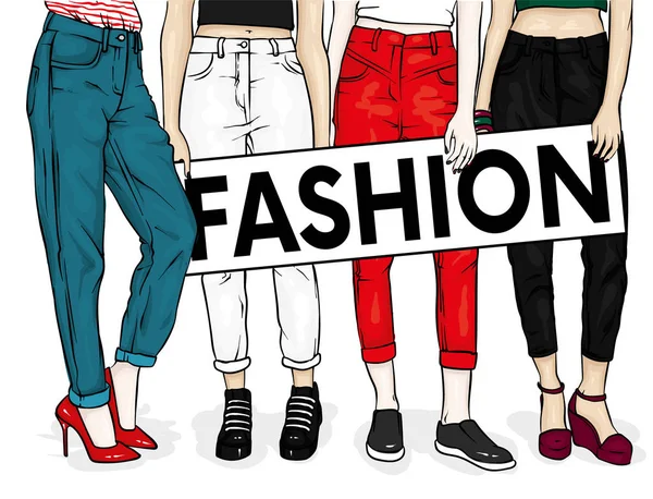 Girls Stylish Jeans Shoes Slender Female Feet Vector Illustration Postcard — Stock Vector
