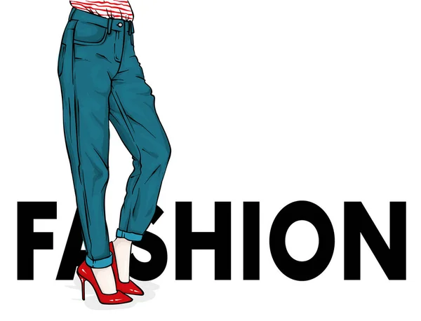 Meninas Jeans Elegantes Sapatos Pés Femininos Magros Ilustração Vetorial Para —  Vetores de Stock