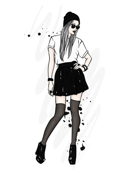 スタイリッシュな服で細身の背の高い少女 スカート メガネ ストッキング ハイヒールのブーツの女の子 ファッション スタイル ベクトル図 — ストックベクタ