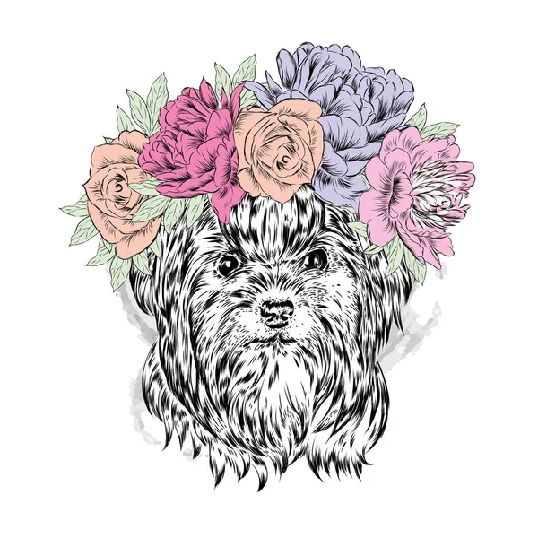 Bonito Vetor Cachorros York Grinalda Floral — Vetor de Stock
