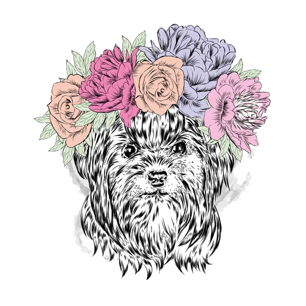 Lindo Vector Cachorro York Corona Floral — Vector de stock