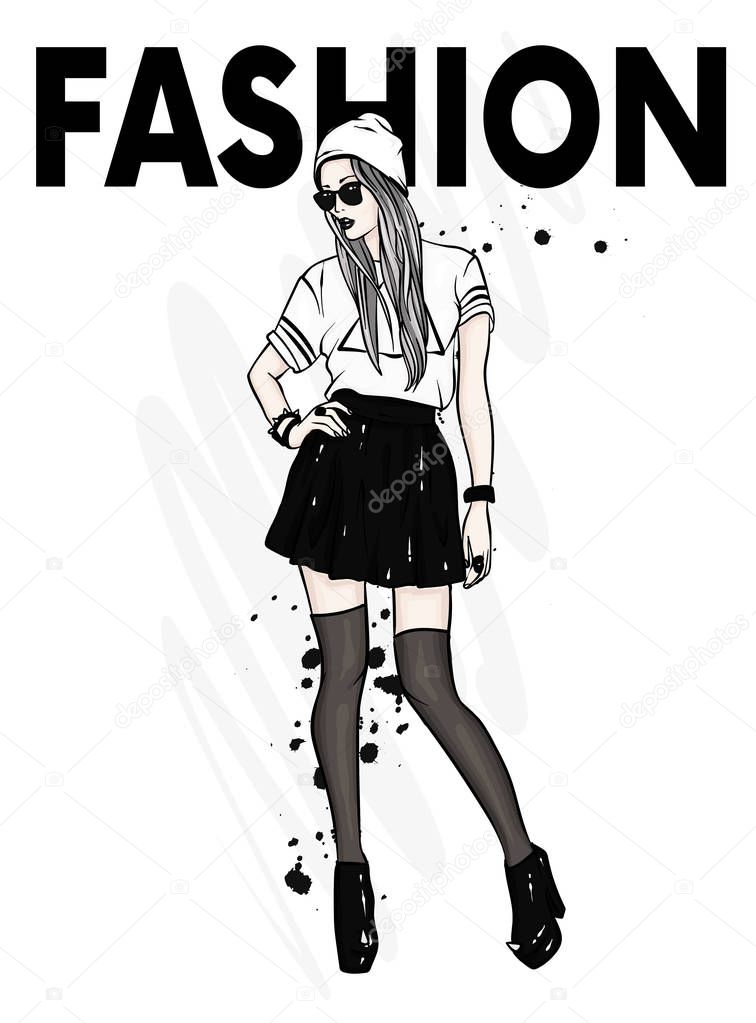 A tall, slender girl in stylish clothes. A girl in a skirt, hat, glasses, stockings and boots with high heels. Fashion & Style. Vector illustration.