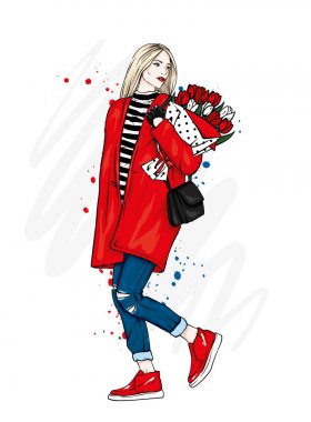 Şık bir ceket, kot pantolon ve ayakkabı güzel kız. Vektör çizim için bir kartpostal veya bir poster. Moda ve stil, giyim ve aksesuarları. Buket laleler, Bahar ve 8 Mart.