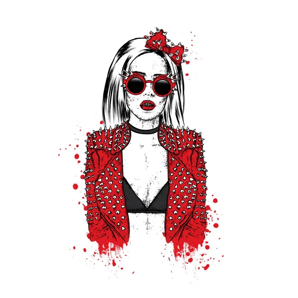 Una Hermosa Chica Con Una Chaqueta Elegante Gafas Con Pinchos — Vector de stock