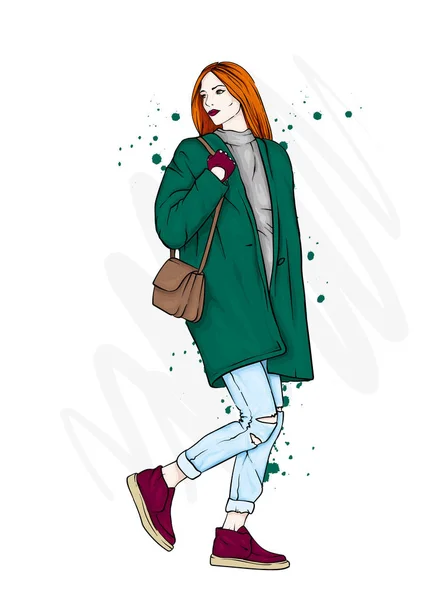 Menina Bonita Casaco Elegante Jeans Sapatos Ilustração Vetorial Para Cartão — Vetor de Stock