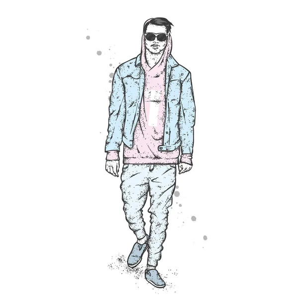 Beau Mec Vêtu Une Veste Sweat Capuche Jean Mocassins Illustration — Image vectorielle