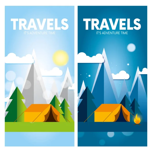 昼と夜の山やテントと火の森でのキャンプ 垂直インター ネット バナー広告やはがき チラシやポスターのデザイン ベクトル図 — ストックベクタ