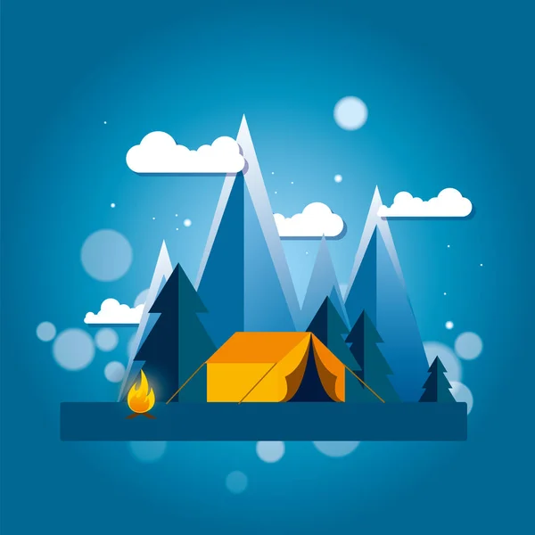 昼と夜の山やテントと火の森でのキャンプ 垂直インター ネット バナー広告やはがき チラシやポスターのデザイン ベクトル図 — ストックベクタ