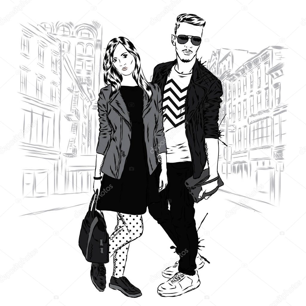 Beautiful man and woman on a city street. Vector illustration. Balls in the shape of heart, Valentine's Day and love.