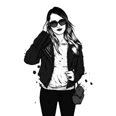 Güneş gözlüğü, bir ceket, bir T-shirt ve kot pantolon uzun saçlı güzel bir kız. Moda ve stil, giyim ve aksesuarları. Vektör çizim.