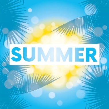 Yaz saati deniz görünümü arka plan. Okyanus ve palmiye ağaçları deniz mavi tasarım. Palmiye ağaçları ve güneş ile güzel bir plaj. Bir kartı veya poster için vektör çizim. Parlama ve bulanıklık. Yaz arka plan.