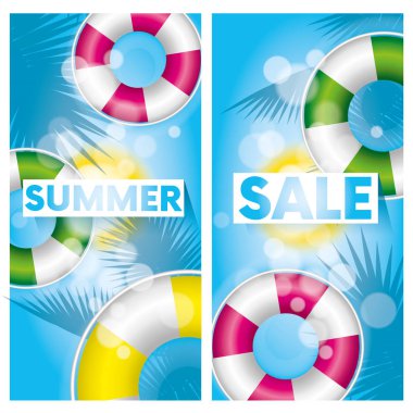 Hazır poster ya da palmiye ağaçları ve lifebuoys tebrik kartı. Yaz, tatil, tatil deniz ya da okyanus tarafından. Vektör çizim.