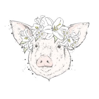 Zambak çelenk içinde güzel bir domuz. Çiçekler. Vektör çizim.