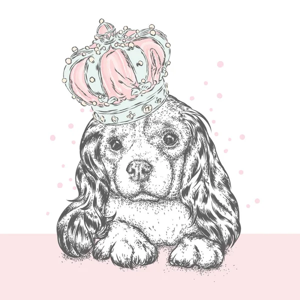 漂亮的小狗皇冠上 可爱的小猎犬 纯种的小狗 矢量图的一张明信片或海报 打印的衣服和配件 一位公主 — 图库矢量图片