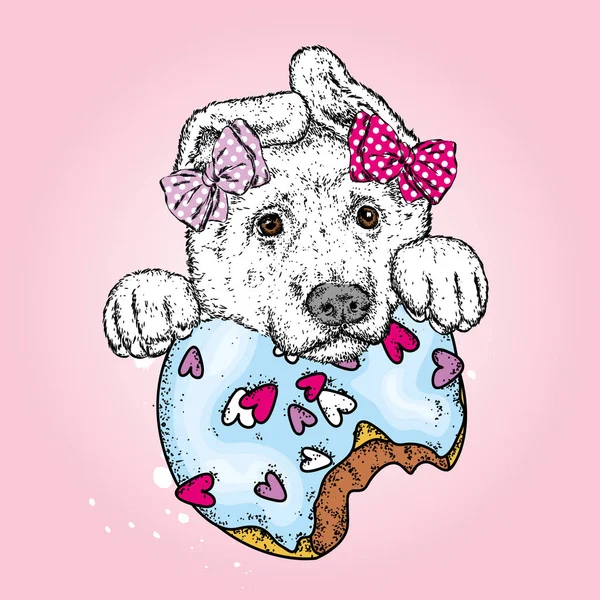 A beautiful puppy and a colorful donut. Vector illustration. A pedigree dog and a sweet dessert.