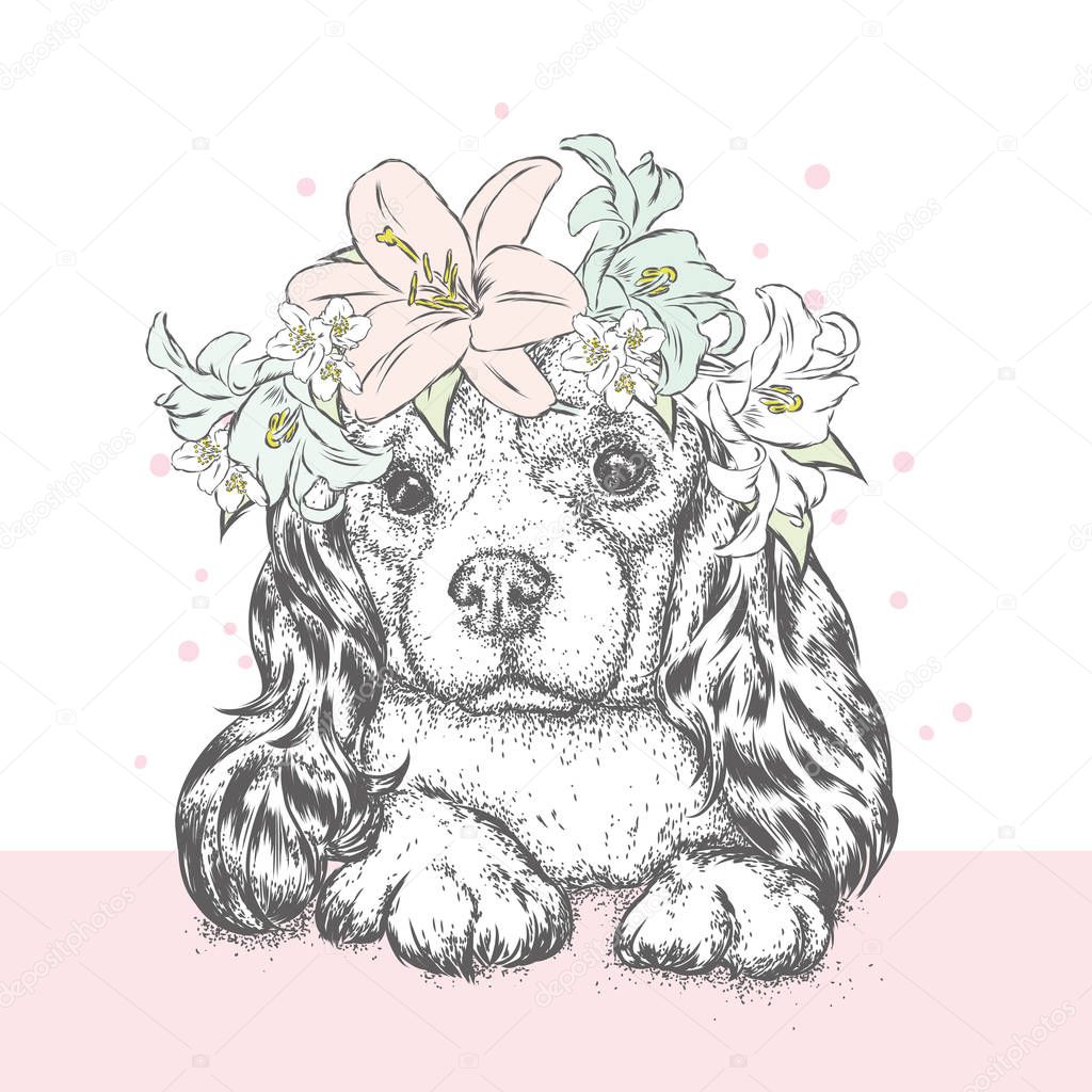 A beautiful puppy in a flower wreath. A pedigree dog in a wreath of lilies. Vector illustration for a postcard or a poster, print for clothes.