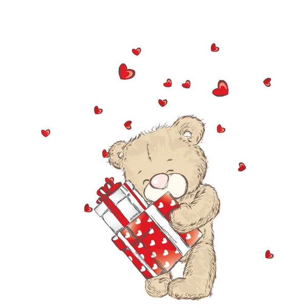 Милый Медведь Коробки Подарками Векторная Иллюстрация Открытки Плаката Одежда Аксессуары — стоковый вектор