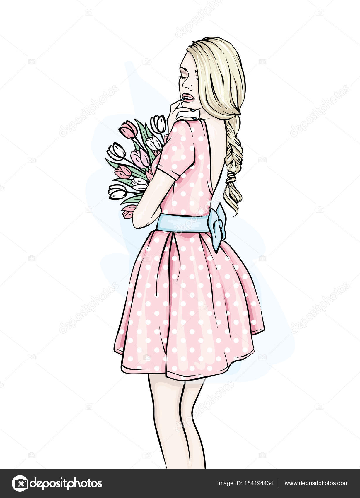 Young Girl Long Hair Beautiful Short Dress Bouquet Tulips Vector