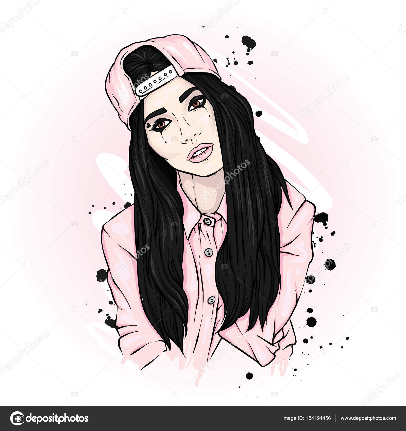 Stylish Long Haired Girl Cap Vector Illustration Beautiful