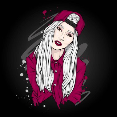 Bir kap içinde şık uzun saçlı kız. Vektör çizim. Güzel kız.