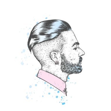 Bir sakallı şık adam. Bir kartı veya poster için vektör çizim. Berber Dükkanı. Hipster.