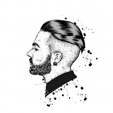 Bir sakallı şık adam. Bir kartı veya poster için vektör çizim. Berber Dükkanı. Hipster.