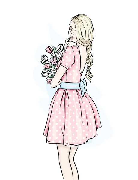 美しいショート ドレスには長い髪を持つ少女 チューリップの花束 ベクトルの図 衣料品 アクセサリー ファッション スタイル 彼女はほっそりした女性 — ストックベクタ