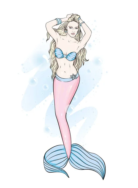 Una Bellissima Sirena Dai Capelli Lunghi Moda Stile Illustrazione Vettoriale — Vettoriale Stock