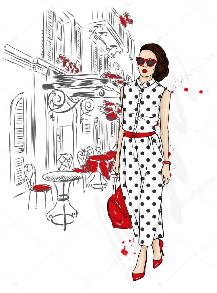 Beautiful girl in a stylish suit, shoes, glasses and with a bag. Fashionable clothes and accessories. Fashion & Style. Vector illustration for a postcard or a poster. Woman in trousers.