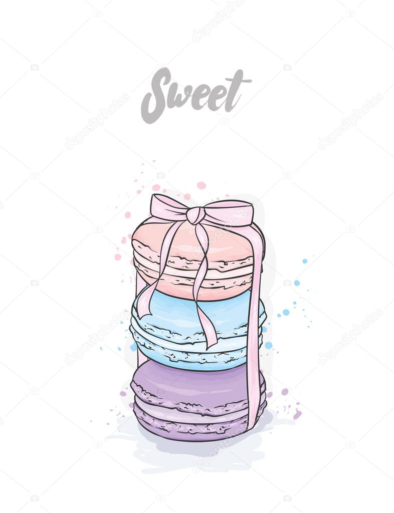 Set of multicolored macaroons. Sweet dessert. Vector illustration for a postcard or a poster, print for clothes.