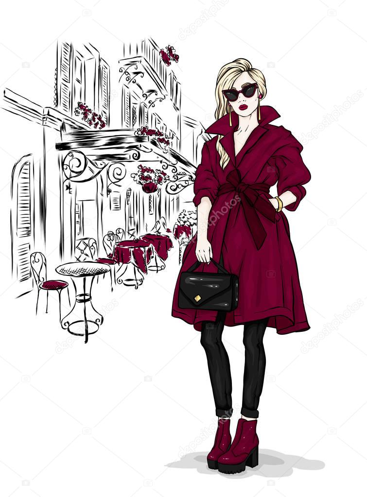 Beautiful, tall and slender girl in a stylish coat, trousers, glasses, with glasses. Stylish woman in high-heeled shoes. Fashion & Style. Vector illustration.