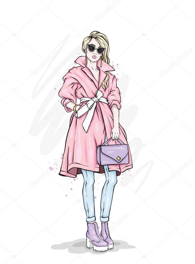 Beautiful, tall and slender girl in a stylish coat, trousers, glasses, with glasses. Stylish woman in high-heeled shoes. Fashion & Style. Vector illustration.