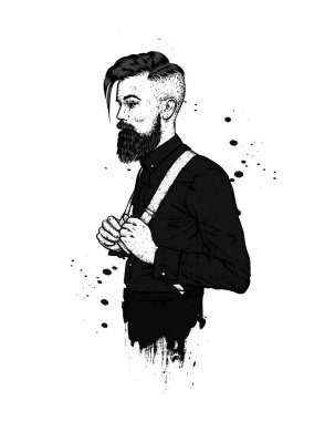 Bir sakallı şık adam. Bir kartı veya poster için vektör çizim. Berber Dükkanı. Hipster.