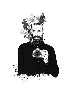 Bir sakallı şık adam. Bir kartı veya poster için vektör çizim. Berber Dükkanı. Hipster.