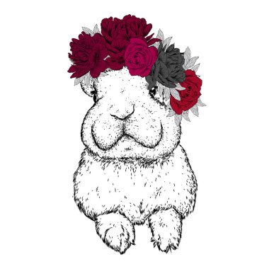 Çiçek çelenk komik tavşan. Vektör çizim. Peonies ve güller.