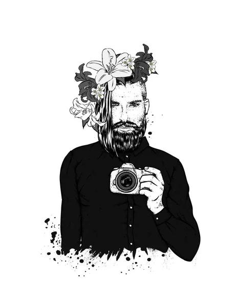 Stijlvolle Man Met Een Baard Vectorillustratie Voor Een Kaart Een — Stockvector