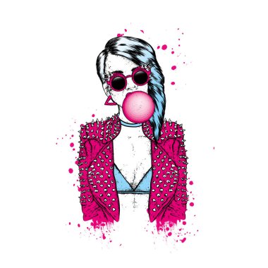 Şık bir ceket ve dikenli gözlük güzel bir kız. Vektör çizim. Moda ve stil. Kaya.
