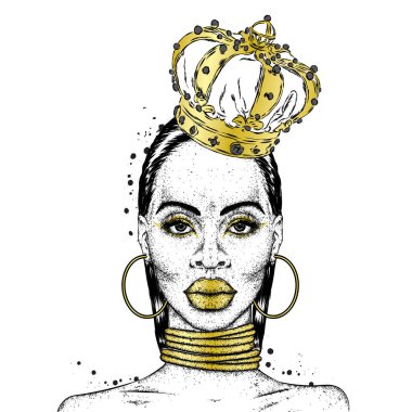 Taç Afrikalı kız güzel. Siyah kadın. Vektör çizim, moda ve stil.