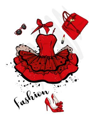 Moda Bayan giyim ve aksesuarları kümesi. Elbise, çanta, Ayakkabı topuklu, ruj, parfüm ve gözlük. Vektör çizim. Moda ve stil.