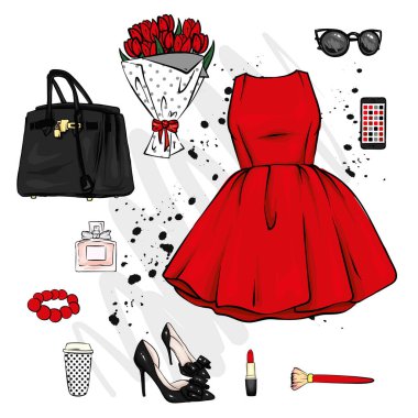 Moda Bayan giyim ve aksesuarları kümesi. Elbise, çanta, Ayakkabı topuklu, ruj, parfüm ve gözlük. Vektör çizim. Moda ve stil.