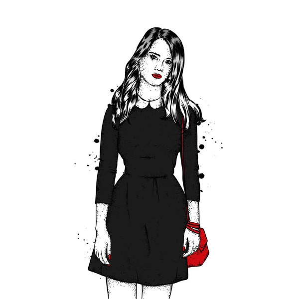 Söt Tjej Moderiktiga Kläder Vektor Illustration För Gratulationskort Affisch Klädstil — Stock vektor