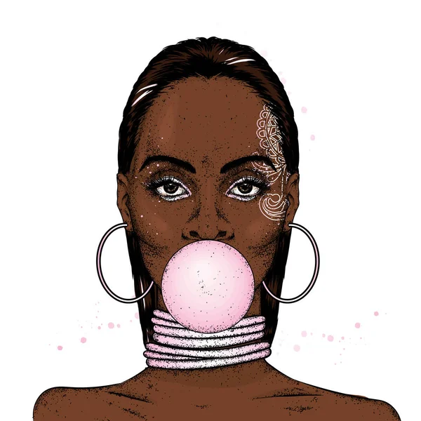 Chica Africana Adornos Anillos Cuello Pendientes Hermosa Mujer Negra Oro — Vector de stock