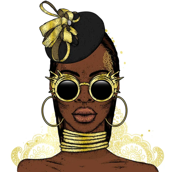 Menina Africana Bonita Óculos Chapéu Mulher Negra Ilustração Vetorial Moda —  Vetores de Stock