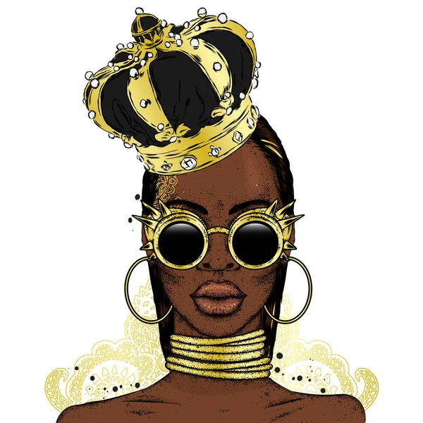 Menina Africana Bonita Coroa Mulher Negra Ilustração Vetorial Moda Estilo — Vetor de Stock